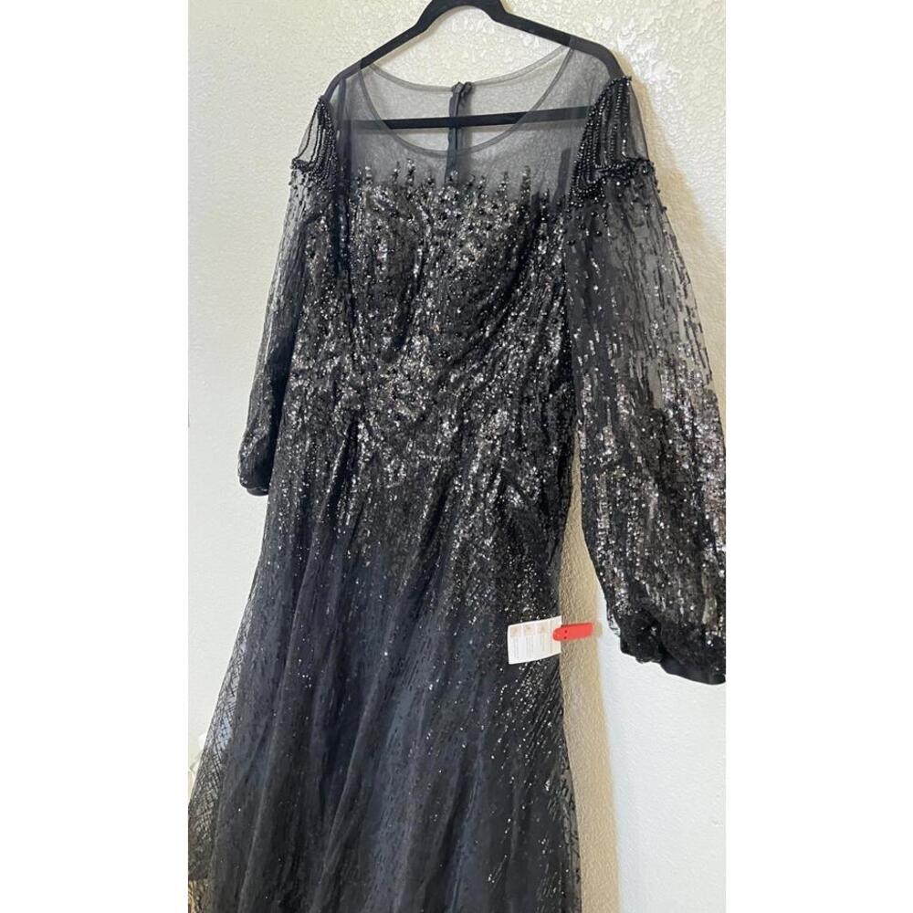 New Mac Duggal Jewel Encrusted Illusion Long Sleeve A Line Gown In Black Sz 16 - Picture 6 of 10